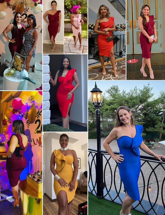 Elegant One Shoulder Ruffle Bodycon Dress with Side Split - Perfect Wedding Guest Attire