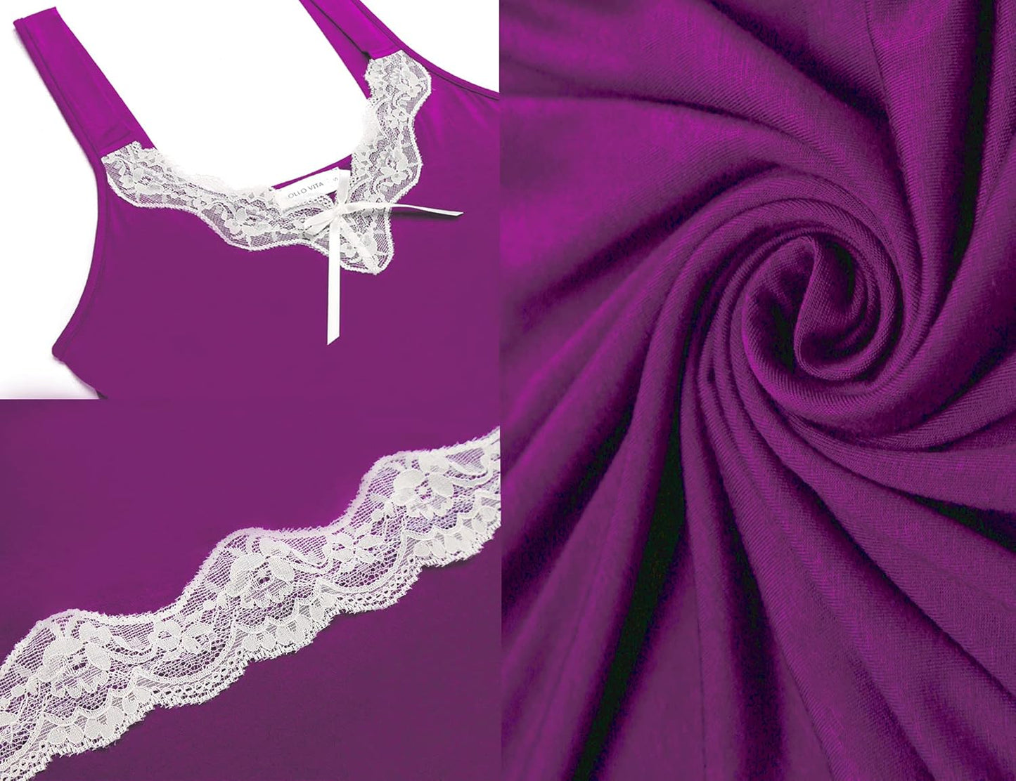 Women'S Loose Full Slips Lace Nightgown Chemise Sleepwear Cotton Jersey Lingerie Purple