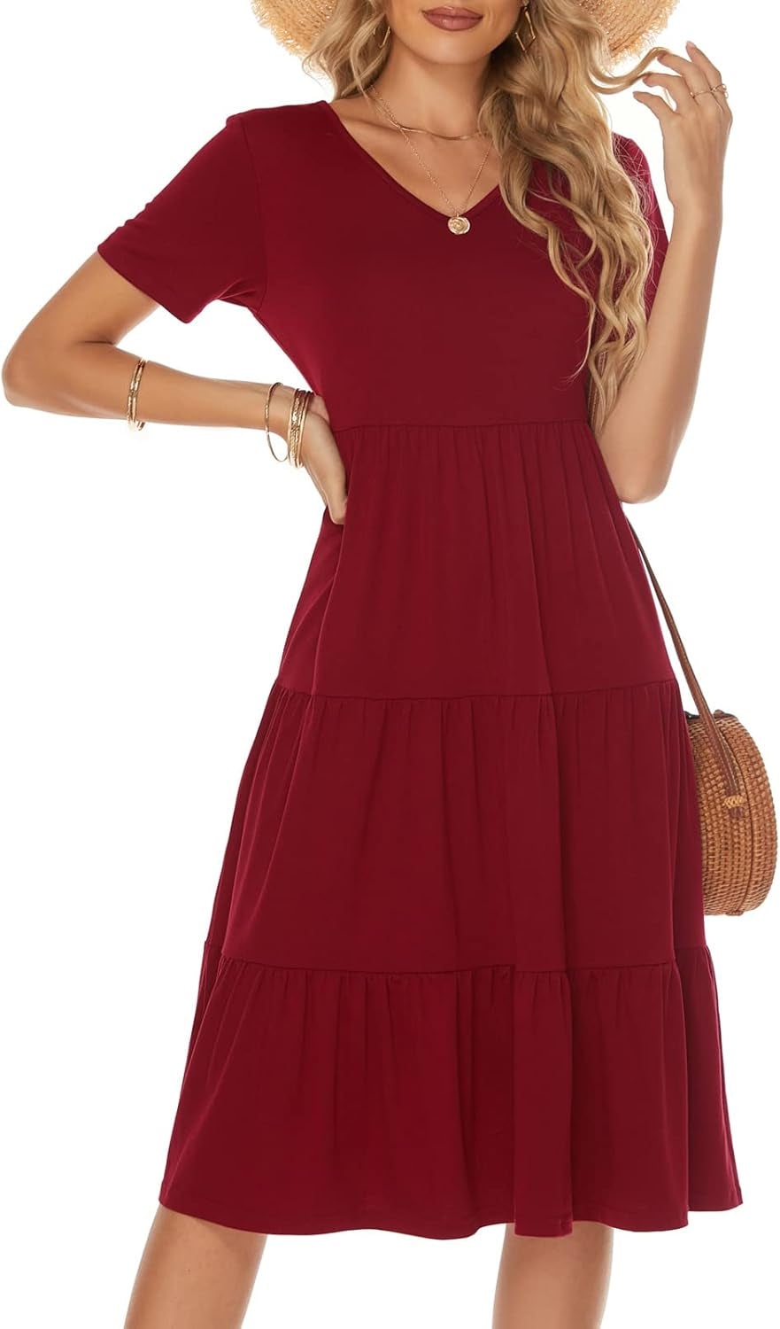 Women'S Casual Summer Tiered Midi Dress 2025 Short Sleeve V-Neck Loose Cotton Ruffle Babydoll Dress Boho Sundress