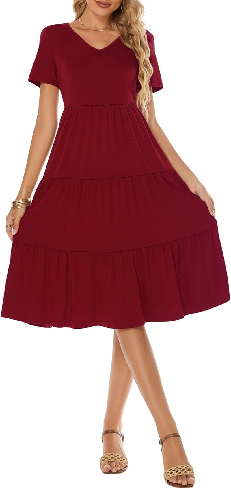 Women'S Casual Summer Tiered Midi Dress 2025 Short Sleeve V-Neck Loose Cotton Ruffle Babydoll Dress Boho Sundress