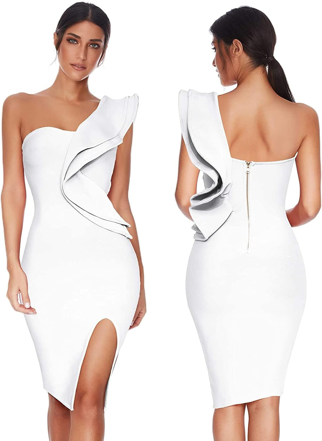 Elegant One Shoulder Ruffle Bodycon Dress with Side Split - Perfect Wedding Guest Attire