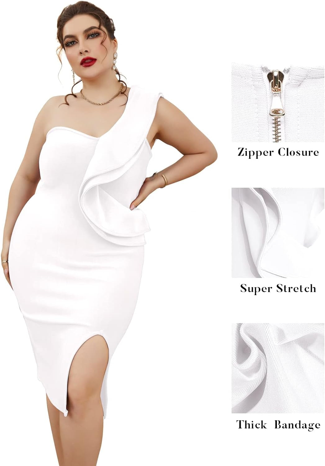 Elegant One Shoulder Ruffle Bodycon Dress with Side Split - Perfect Wedding Guest Attire